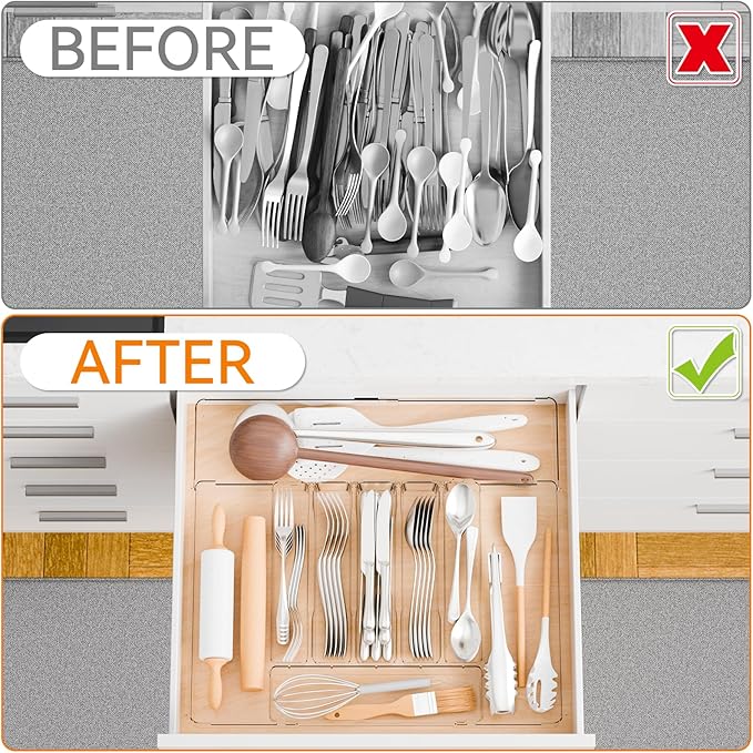 Clear Large Expandable Silverware Organizer and Kitchen Utensil Drawer Organizer