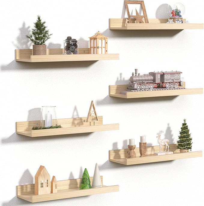 Floating Shelves for Wall, Wall Shelves for Decor Storage Set of 6, Natural