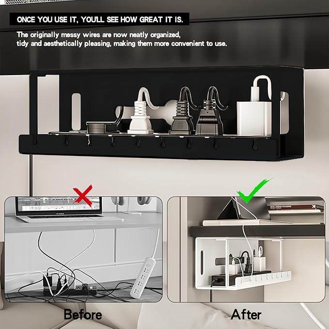 Under Desk Cable Management Tray Wires Organizer Power Strip Management 20'' No Drill Under Table Organizer for Cable Storage Holder (BLACK-40CM)