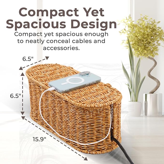 Cable Management Box, Handmade Rattan Cable Organizer, Natural