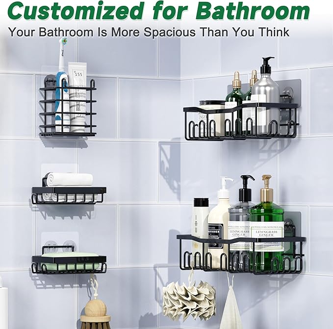 Shower Caddy 5 Pack Rustproof Stainless Steel Bath Organizers With Large Capacity, No Drilling Shelves, Adhesive Shower Caddy, for Bathroom Storage & Home Decor, SC02, Black