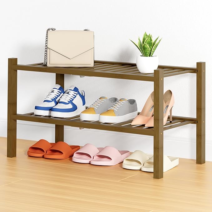 Smiry Bamboo Shoe Rack, 2 Tier Free Standing Wooden Shoe Organizer, Stackable Wood Shoe Storage Shelf for Closet, Entryway, 14 Vertical Slats, One-piece Heavy-Duty Legs, 26.8"x11"x13", Walnut