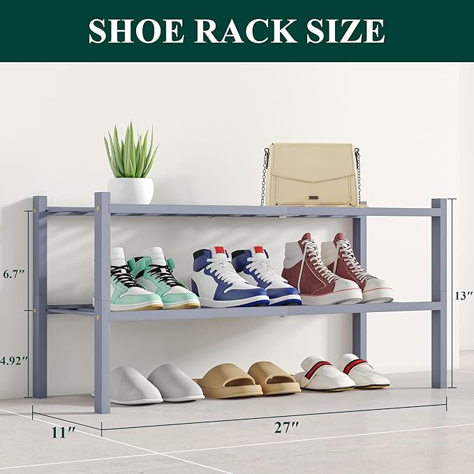 Smiry Bamboo Shoe Rack, 2 Tier Free Standing Wooden Shoe Organizer, Stackable Wood Shoe Storage Shelf for Closet, Entryway, 12 Vertical Slats, One-piece Standard Legs, 26.8"x11"x13", Grey