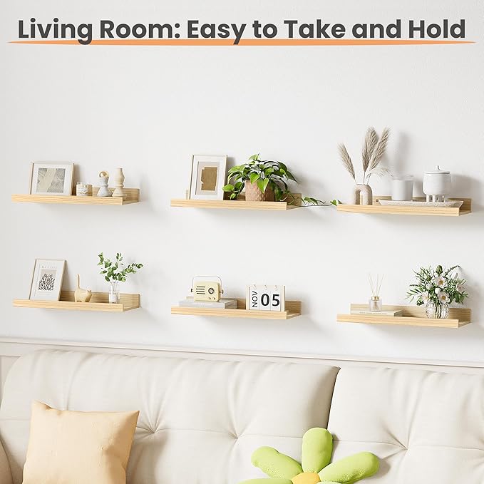Floating Shelves for Wall, Wall Shelves for Decor Storage Set of 6, Natural
