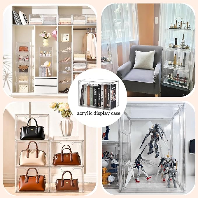 Freebat Stackable Storage Organizers Clear Acrylic Display Case, 5-Pack Acrylic Boxes with Lids, Clear Storage Containers Storage for Handbags, Collectibles & Figures