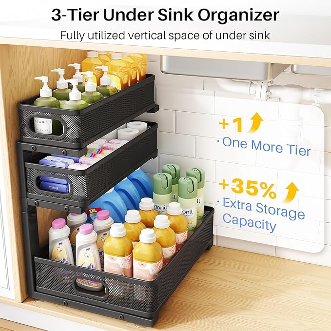 Under Sink Organizer, 1-Pack 3-Tier Thickened Metal Pull out Cabinet Organizer Shelf, Height Adjustable Slide out Storage Drawer Rack for Kitchen Bathroom Pantry Laundry Home Office Organization