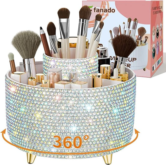 Fanado Bling 360° Rotate Makeup Brush Holder Organizer, Bling dz-White AB
