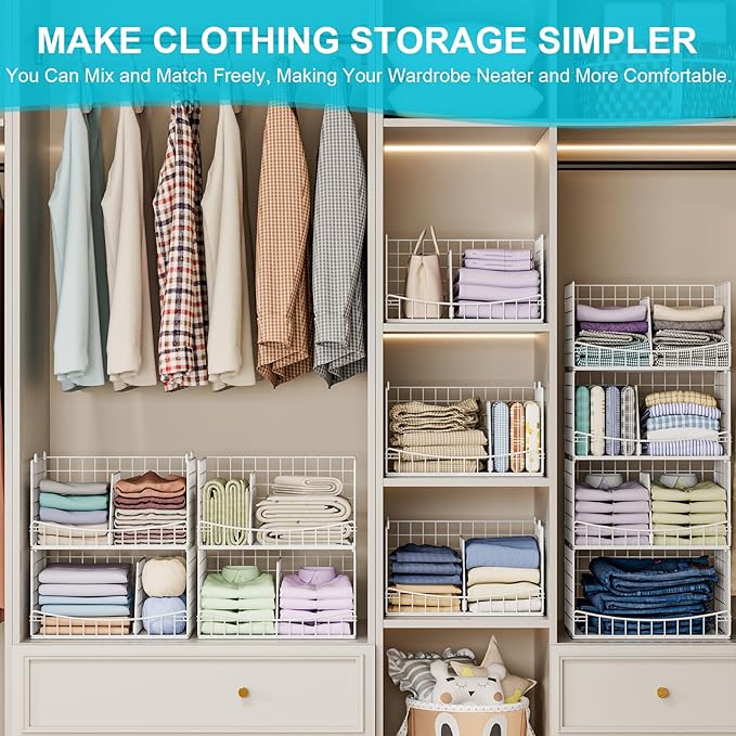 Hongtamoya 4-Tier Closet Organizers and Storage Basket with Divider, Foldable Closet Shelf Organizer System, Space-Saving Clothes Storage Drawer Organizer Bins for Wardrobe Cupboard, White