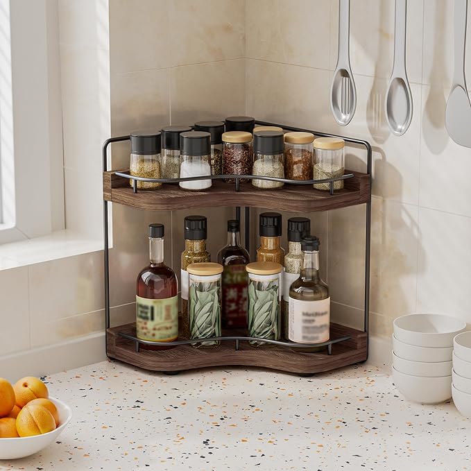 2-Tier Corner Bathroom Counter Organizers, Stable Wood Vanity Shelf for Perfume, Skincare & Makeup, Larger Size Countertop Organizer and Storage for Bathroom, Kitchen and Dresser(Dark Brown)