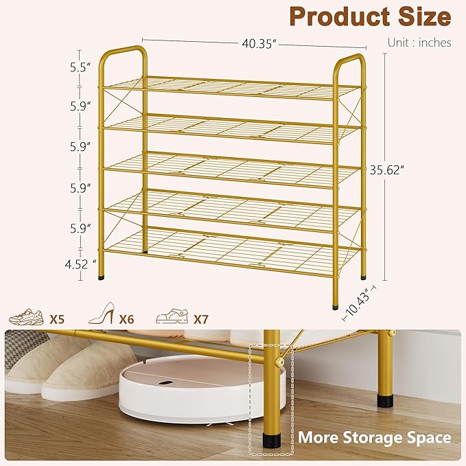 Hoctieon 5 Tier Shoe Rack for Closet, Durable Mesh Style Shoe Rack, Entryway Shoe Shelf, Shoe Storage Organizer for Hallway, Bedroom, Living Room, Wardrobe, Gold