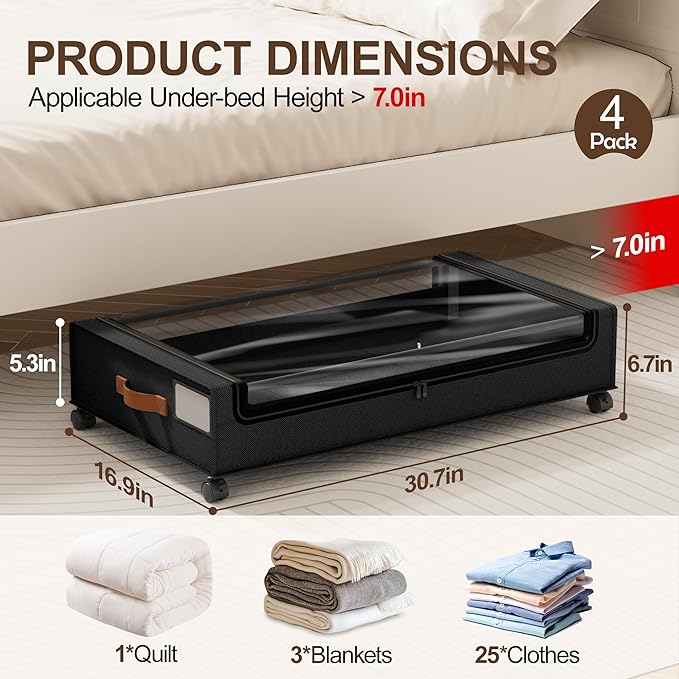 LAMU Under Bed Storage with Wheels, 4 Pack Under Bed Storage Containers with Clear Lid, XXL 60 L Underbed Storage Bins, Rolling Under Bed Metal Drawers for Clothes, Blankets, Shoes, Black