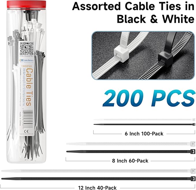 Cable Matters 200-Pack Cable Ties for Indoor and Outdoor, 6, 8, 12-Inch Self-Locking Nylon Zip Ties Assorted Sizes, Tie Wraps for Multiple Use, Self Locking Zipties, in Black and White