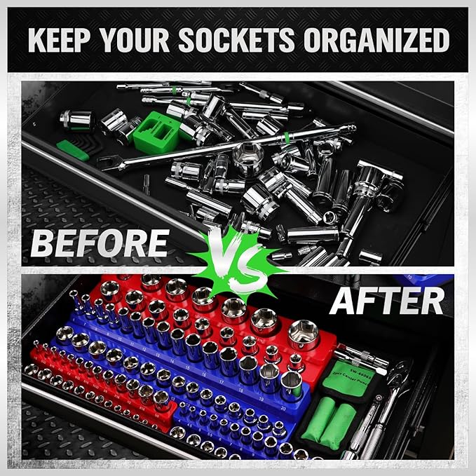 SWANLAKE Magnetic Socket Organizer Set, 1/4", 3/8", 1/2" Sockets Holds 286 Pieces Magnetic Socket Trays (Blue&red&black&green, 12 Pcs)