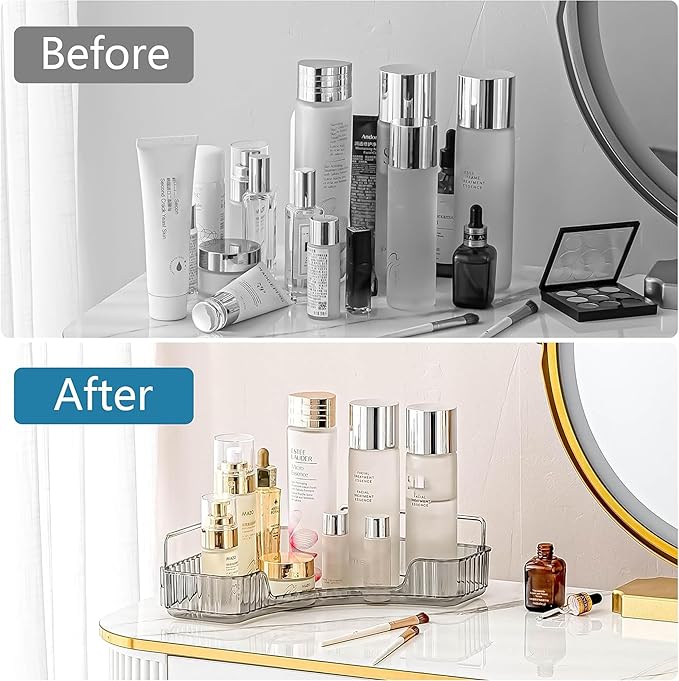INVSSENE Corner Bathroom Countertop Organizer, Vanity Organizer Trays for Counter, Makeup Organizers, Perfume Tray, Skincare Shelf Storage Gifts for Women Girl Student (Smoky Gray 1 Tier)