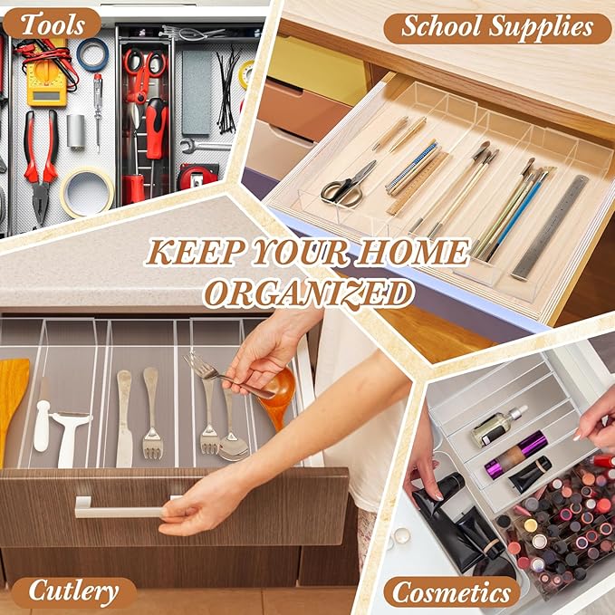 Teenyyou 1 Pack Expandable Kitchen Drawer Organizer Clear Acrylic Utensil Organizer Adjustable Acrylic Silverware Storage for Drawers Silverware Flatware Knives (12 x 16 Inches,3-5 Compartments)