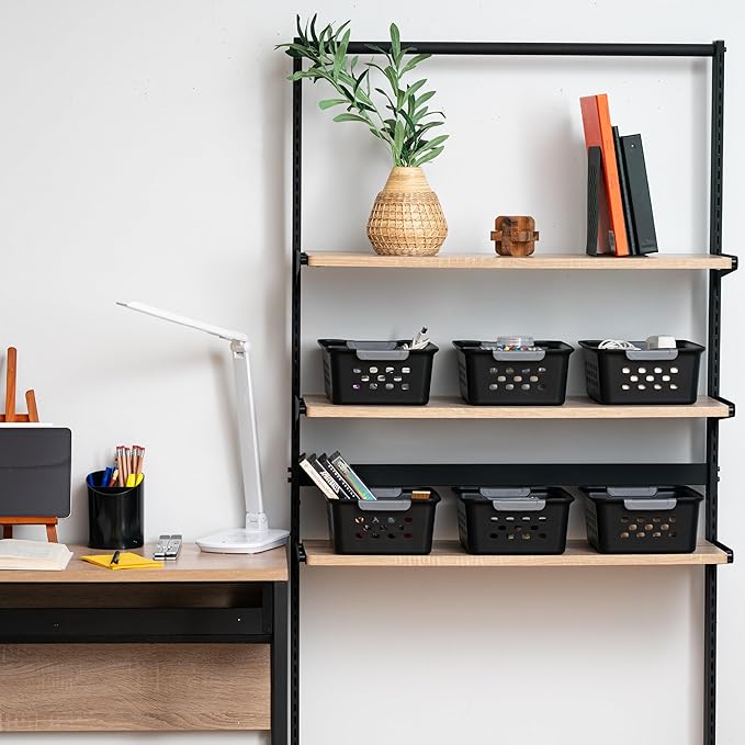 IRIS USA Plastic Storage Basket Bundle, Small - 12 Pack + Medium - 6 Pack, Shelf Basket Storage Organizer for Pantry, Cabinet, Bedroom, Closet, Laundry Room, Home Work Office, Craft Supplies, Black