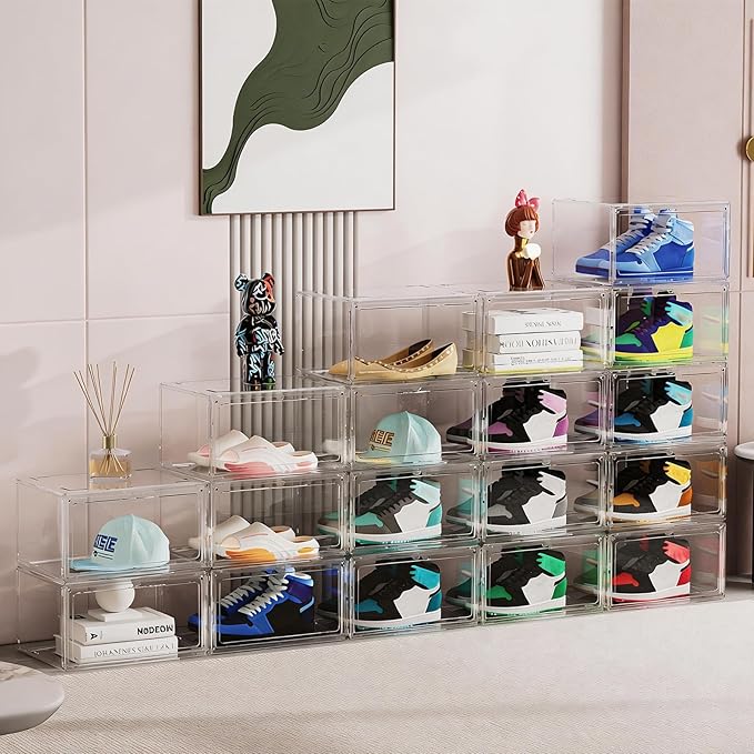 HIYOHIYO 1 Pack Clear Shoe Storage Boxes Stackable for Sneaker, Shoe Box Storage Bins, Fully Transparent Display Case with Magnetic Door Suitable for Ankle, Boots, High Heels, Fit US Size 14
