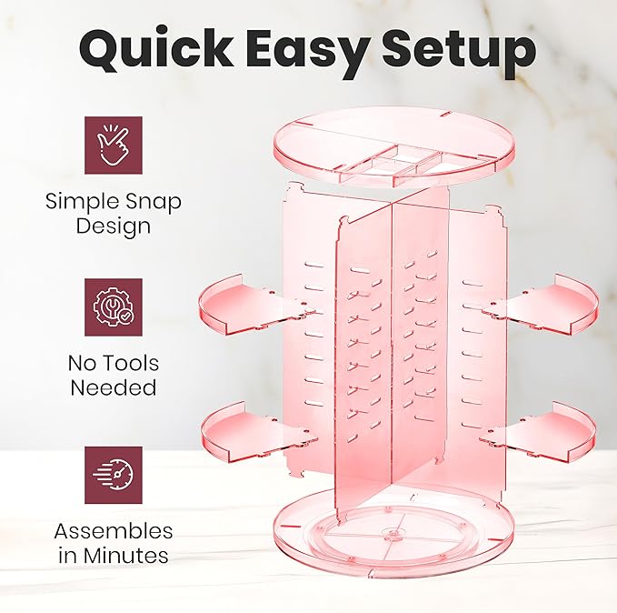 Masirs Rotating Makeup Organizer for Vanity, Large 360° Spinning Cosmetic & Skincare Organizer, Adjustable Shelf Height, Perfume Stand, Countertop Storage for Bathroom or Bedroom, Pink