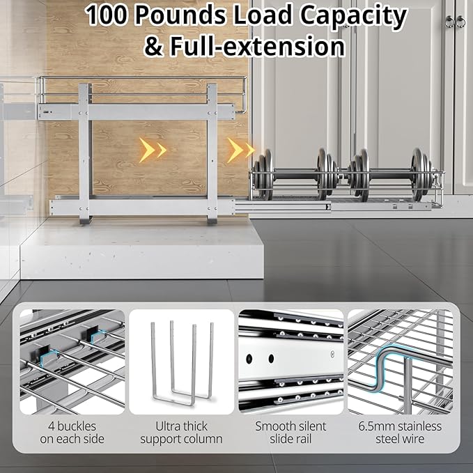 ZOINLIY Pull Out Cabinet Organizer, Versatile Slide Out Kitchen Organizers and Storage,Heavy Duty Drawer Cupboard Storage Basket, Smooth Sliding, Chrome Finish (2-Tiers-22¼''W×22“D)