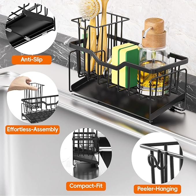 Kitchen Sink Caddy Organizer, Rustproof Sponge Holder for Kitchen Sink, Black