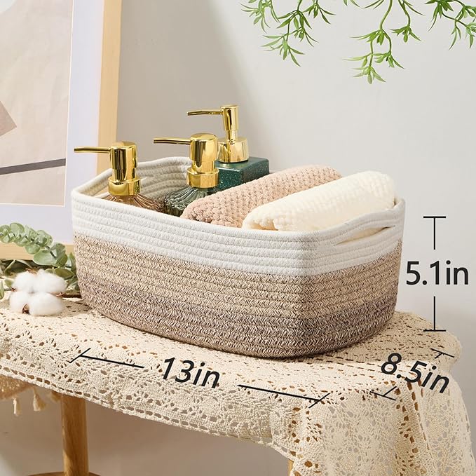 MiniArk Small Storage Baskets for Organizing | Closet Organizer Bins | Shelf Toy Basket | Woven Rope Baskets | Cube Decorative Box | Shallow Basket | 13x8.5x5.1” | 4 Packs Gradient Brown
