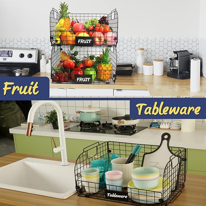 4 PACK XXL Stackable Wire Baskets for Storage Pantry,Fruit Basket For Kitchen Cabinet,16.3''x12''x8.2''Vegetable Fruit Snack Chips Onion Potato Cans Organization, pantry organizers and storage