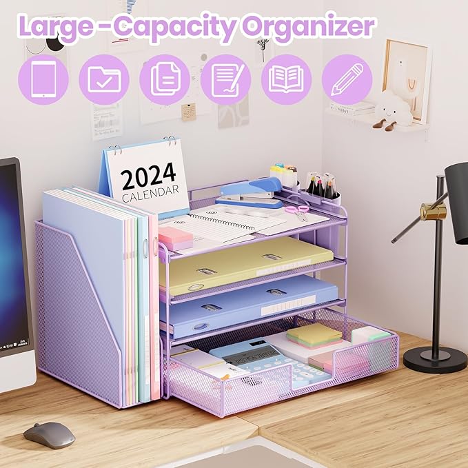 OPNICE Desk Organizer, 4-Tier Desktop File Organizer with Drawer and 2 Pen Holders, Office Desk Accessories, File Sorters, Workspace Organizers for Office Supplies(Purple)