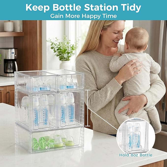 Vtopmart 6 Pack Clear Stackable Storage Drawers,Easy to Assemble Baby Bottle with handles,Plastic Drawers for Kitchen Pantry,Cabinet,Under Sink Organization