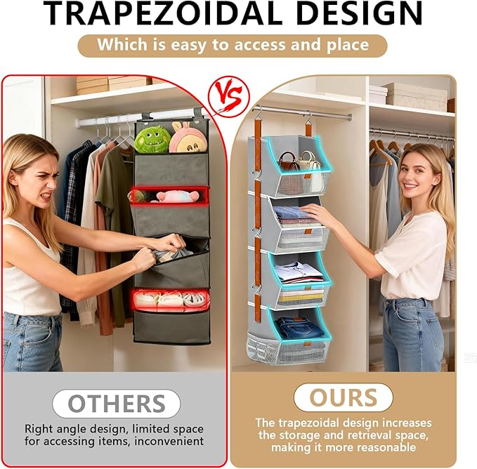 Fabric 4 Tier Hanging Closet Organizers Heavy Duty Shelf Hanging Storage Towel Clothes Sweater Jeans Bag Organizer For Closet For Bedroom,Dorm,RV,See Through Front Panel, Space-Saving (Grey-4Tier)