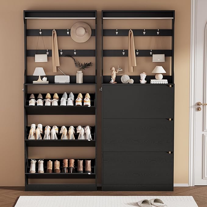 Shoe Storage Cabinet, Wood Shoe Organizer for Entryway with 3 Flip Drawers, Freestanding Shoe Rack with Adjustable Shelf, Narrow Shoe Dresser for Front Door Entrance(Black, 78.74" x 31.5" x 9.37")