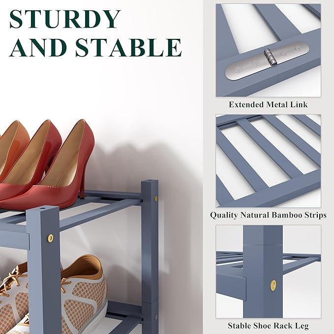 Smiry Bamboo Shoe Rack, 5 Tier Free Standing Wooden Shoe Organizer, Stackable Wood Shoe Storage Shelf for Closet, Entryway, 12 Vertical Slats, 2+2+1 Stack Standard Legs, 26.8"x11"x32.5", Grey