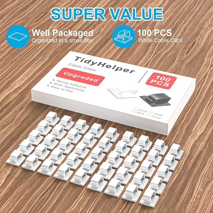 100 PCS Cable Clips White, Upgraded Adhesive Cord Clips for Wires on Wall, Strong Wire Clips Holders for Cord Cable Management, Ethernet Cable, TV Coax, Extension Cord, Power Cable, Large