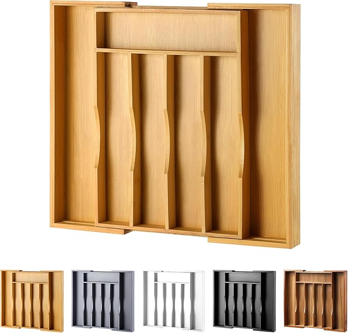 Expandable Bamboo Kitchen Drawer Organizer for Cutlery and Utensils, Natural