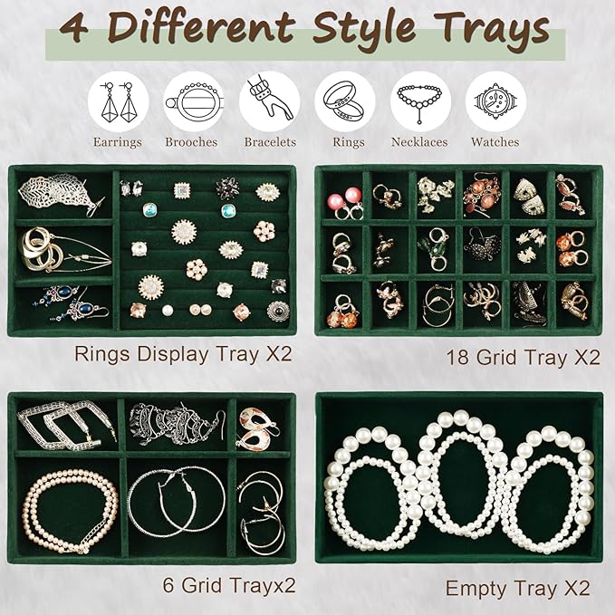 Jewelry Drawer Organizer, 8 Set of Stackable Velvet Organizer Tray, Drawer Inserts for Jewelry Organization, Showcase and Safely Store Your Collection with Elegance and Sophistication (Green)
