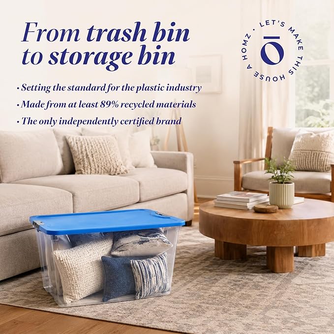 HOMZ 2-Pack Secure Latch, Clear Plastic Storage Organizer Bins, 64 Quart, Blue Lid - Stackable Container Boxes for Bedroom, Bathroom, Garage, and Office Organization