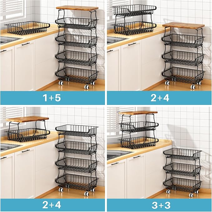 6 Tier Pantry Organizers and Storage Vegetable Fruit Basket for Kitchen, Stackable Flexible Design (3+3, 4+2, 5+1,6+0) Pantry organizers and storage for Kitchen Bathroom Livingroom Laundry Room Cart