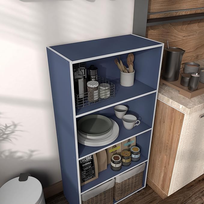 Homes: Inside + Out Apexa 4-Tier Cube Storage Organizer Shelves, Stackable Wood Bookcase Fits Cubby Bins for Organization, Dorm Teen Room Decor & Home Office, Steel Blue