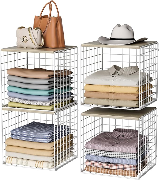 Hencawima 4 Pack Closet Organizers and Storage with Wood Top, Stackable Closet Shelf Organizer, Double Storage Design, Clothes Storage Basket/Cube Organizer for Wardrobe, Sturdy, White