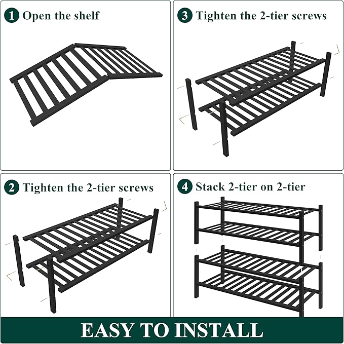 Smiry Bamboo Shoe Rack for Closet, 4 Tier Wooden Shoe Organizer, Stackable Wood Shoe Storage Shelf for Entryway, 14 Vertical Slats, 2+2 Stack Heavy-Duty Legs, 26.77"x11.02"x25.98", Black