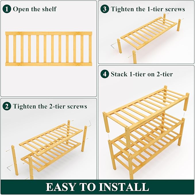 Smiry Bamboo Shoe Rack, 3 Tier Free Standing Wooden Shoe Organizer, Stackable Wood Shoe Storage Shelf for Closet, Entryway, 12 Vertical Slats, 2+1 Stack Standard Legs, 26.8"x11"x19.5", Natural