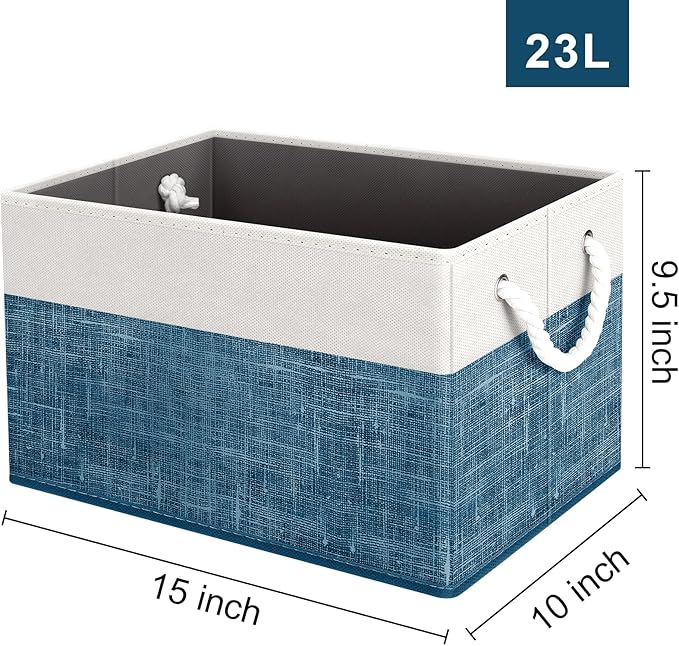 Fab totes Storage Bins 8-Pack, Foldable Storage Baskets for Organizing Toys, Books, Shelves, Closet, Large Storage Box with Rope Handles, Sturdy Organizer Bins, White & Blue