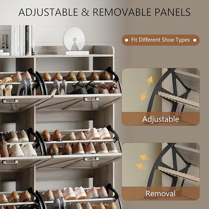 Shoe Cabinet with 6 Flip Drawers, Freestanding Hidden Shoe Storage Organizer for Entryway, Narrow Slim Shoe Rack Cabinet with Open Storage & Hooks for Front Door Entrance, Living Room, Hallway, Grey