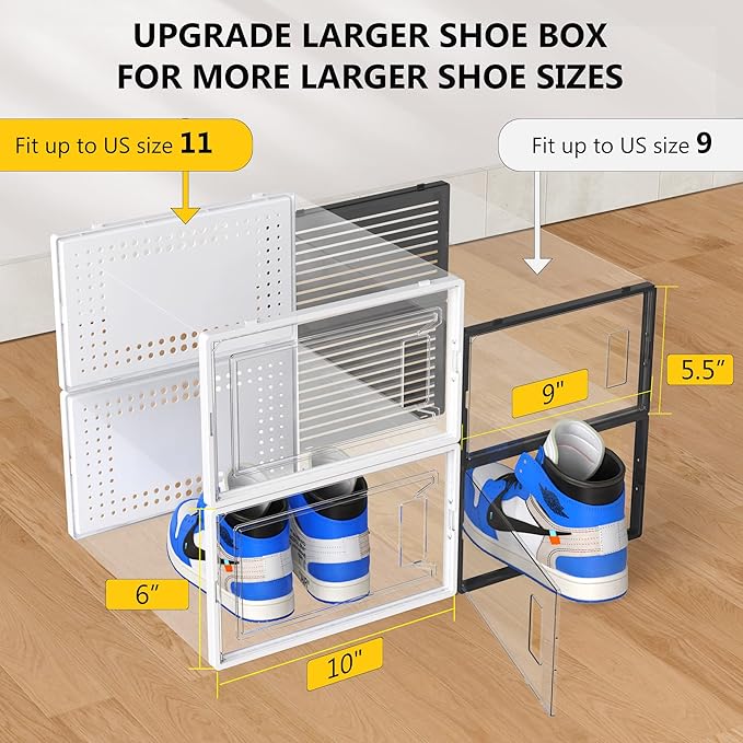12 Pack XX-Large Clear Shoe Storage Boxes, Stackable Modular Plastic Shoe Organizer Front-Opening Door, Fit up to US Size 9 to13, Ventilated Dust-Proof Sneaker Display Cases Closet and Entryway, White