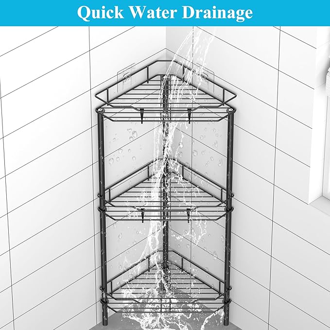 HuggieGems 3 Tier Floor Standing Corner Shower Caddy Organizer Shelf with Hooks, Bathroom Shelves Stand Rack, Matt Black