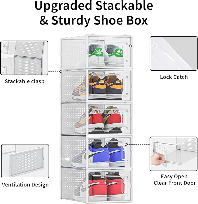 12 Pack Shoe Organizer Storage Bins, Clear Plastic Stackable Shoe Boxes for Closet, Space Saving Foldable Shoe Storage Bins, Sneaker Storage Shoe Box Container, White Frame