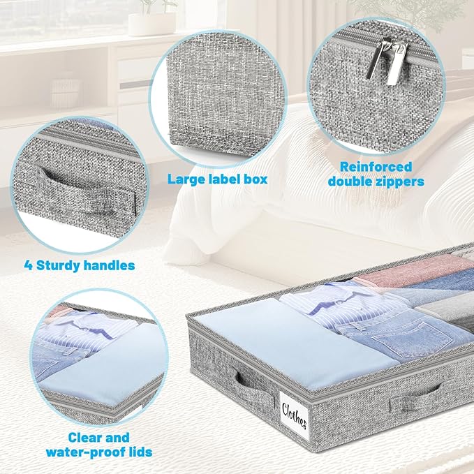 4 Inch Low Profile Under Bed Storage Drawer 4 Pack, Lightweight Underbed Clothes Storage Container Bins With NO STURCTURE, Shallow Storage Bag for Dorm & Home, With Clear Lids & Water-Resistant Fabric