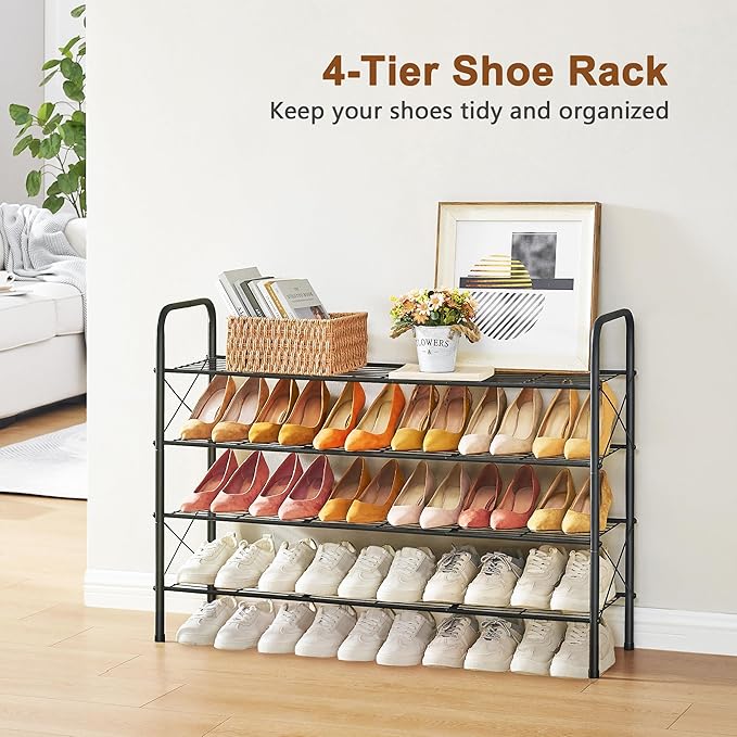 Hoctieon 4 Tier Mesh Style Shoe Rack, Entryway Shoe Shelf, Shoe Storage Organizer, Shoe Rack for Closet, Space Save for Bathroom, Garage, Hallway, Bedroom, Living Room, Black