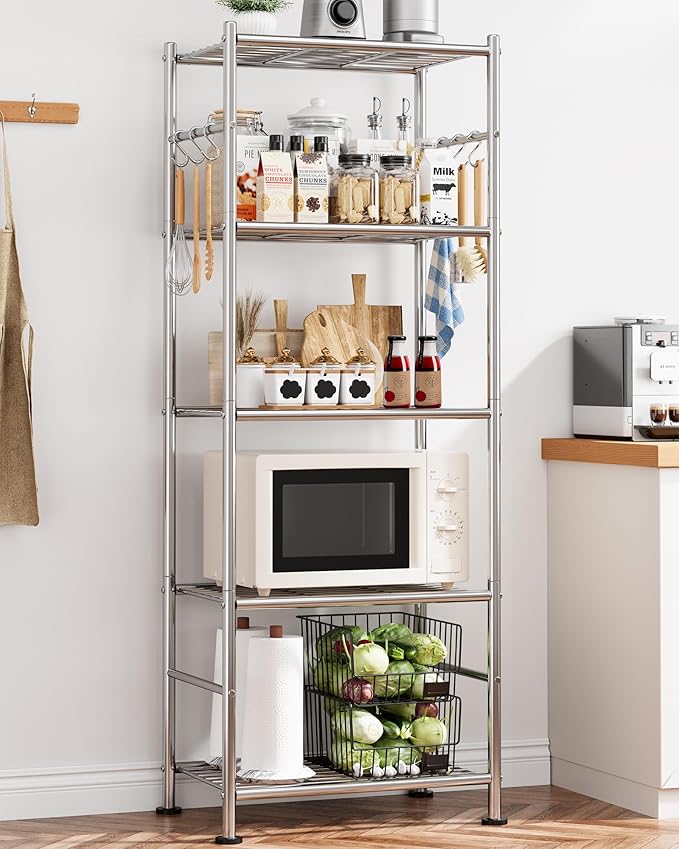 Storage Shelves, 5-Tier Large Capacity Shelf Organizer with Hooks, Silver