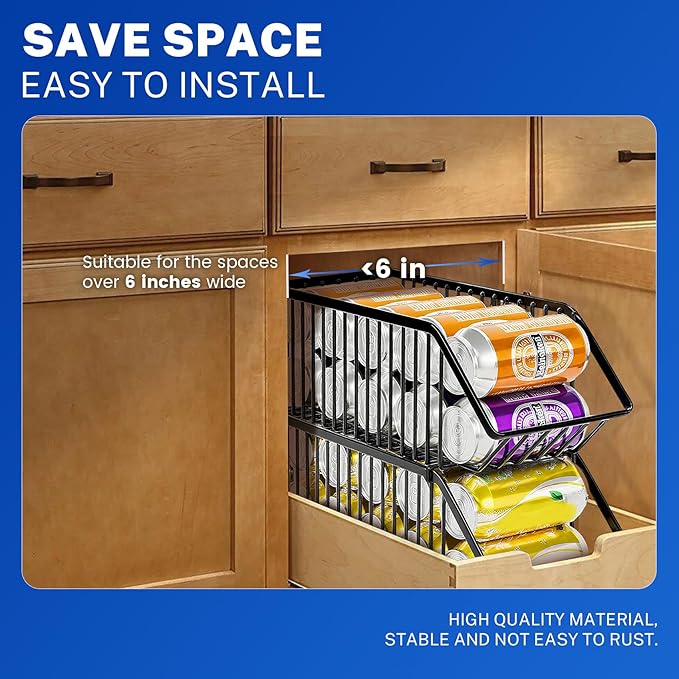 Stackable Soda Can Organizer Rack, Stacking Can Dispensers Refrigerator Organizer Bins Pop Soda Dispenser Canned For Fridge, Freezer, Kitchen, Cabinets (Black, 6)