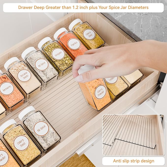 Yieach 8 Pack Adjustable Narrow Spice Rack for Drawer - Expandable From 9" to 17.7" - Acrylic Drawer Seasoning Organizer,Tiered Clear Spice Tray for Spices,Condiment,Nail Polish and Jar Organization